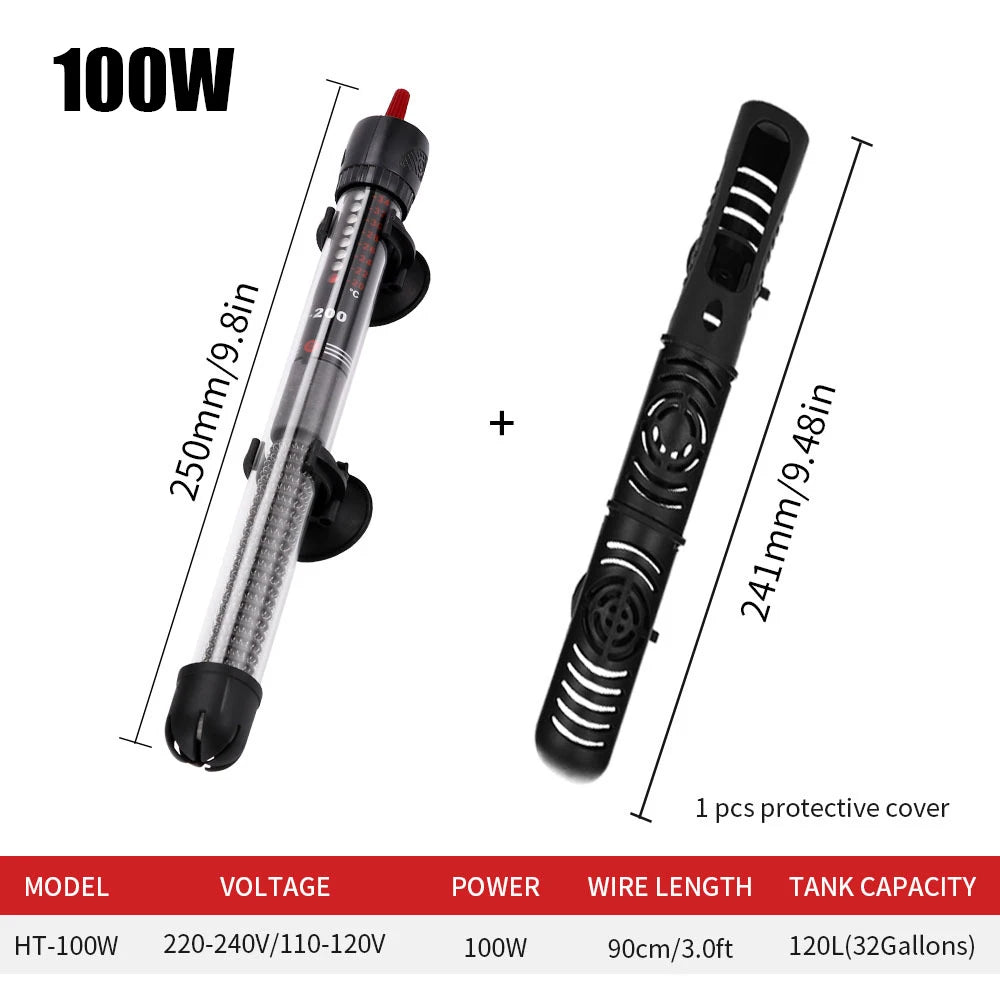 110V-220V Adjustable Temperature Thermostat Heater Rod 25W/ 50W/ 100W/ 200W/ 300W Submersible Aquarium Fish Tank Water Heat
