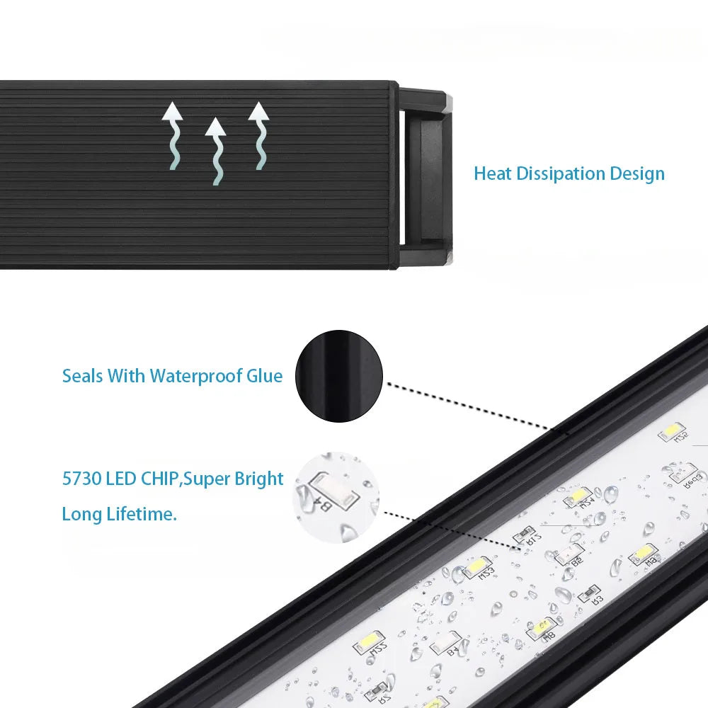 Full Spectrum Planted Aquarium LED Lighting 20-63Cm 110V-240V External Controller, with Extendable Brackets, Fish Tank Light