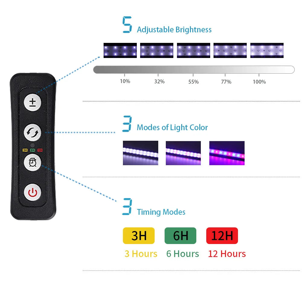 Full Spectrum Planted Aquarium LED Lighting 20-63Cm 110V-240V External Controller, with Extendable Brackets, Fish Tank Light