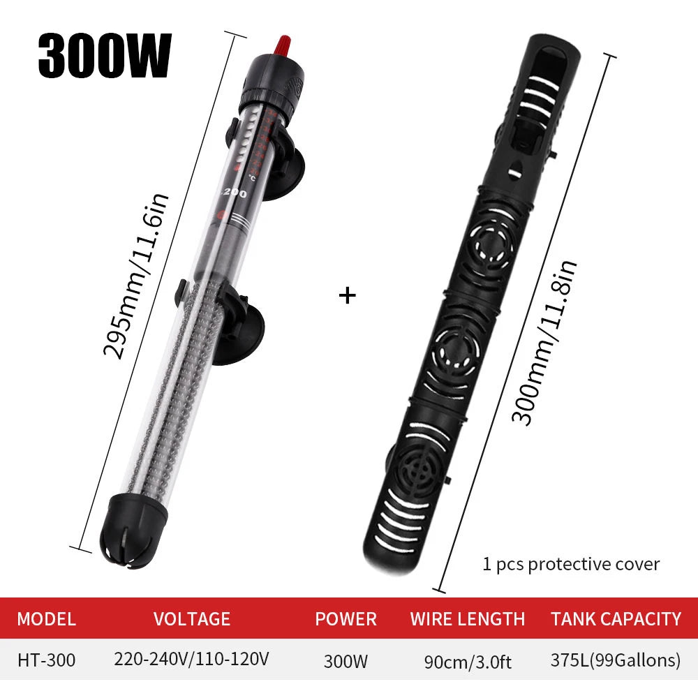 110V-220V Adjustable Temperature Thermostat Heater Rod 25W/ 50W/ 100W/ 200W/ 300W Submersible Aquarium Fish Tank Water Heat