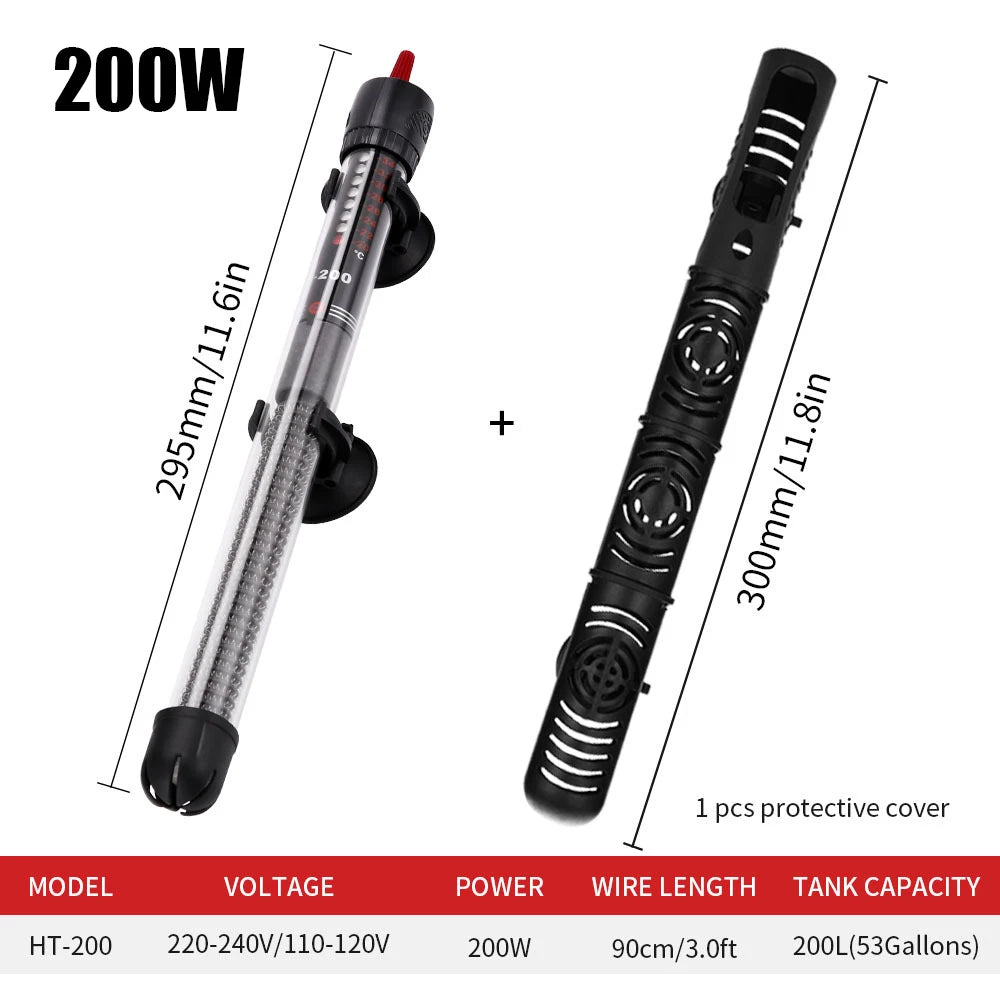 110V-220V Adjustable Temperature Thermostat Heater Rod 25W/ 50W/ 100W/ 200W/ 300W Submersible Aquarium Fish Tank Water Heat