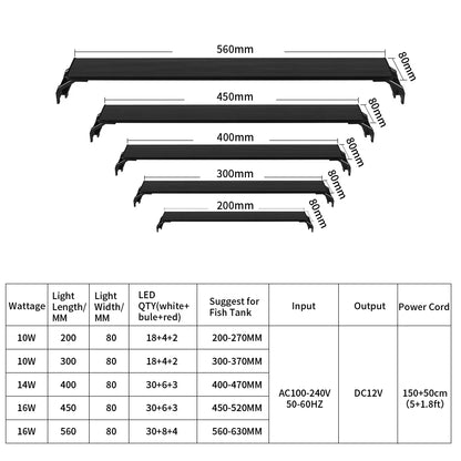 Full Spectrum Planted Aquarium LED Lighting 20-63Cm 110V-240V External Controller, with Extendable Brackets, Fish Tank Light